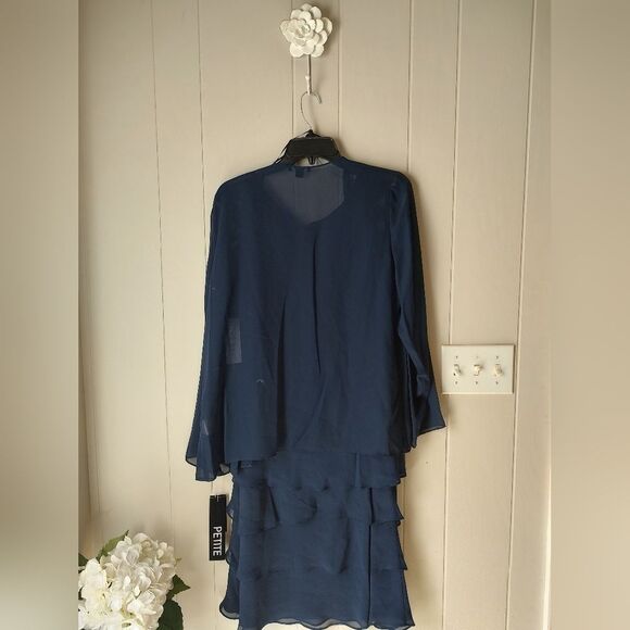 S L Fashions Navy Blue Chiffon Tiered Sequined Dress With Jacket. Size 16 - Picture 4 of 14